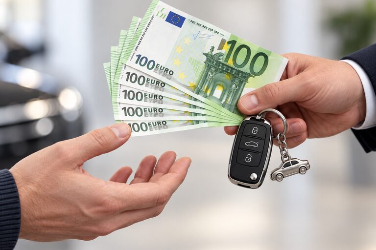 Bargeld und Fahrzeugschlüssel werden bei der Übergabe von Hand zu Hand gereicht